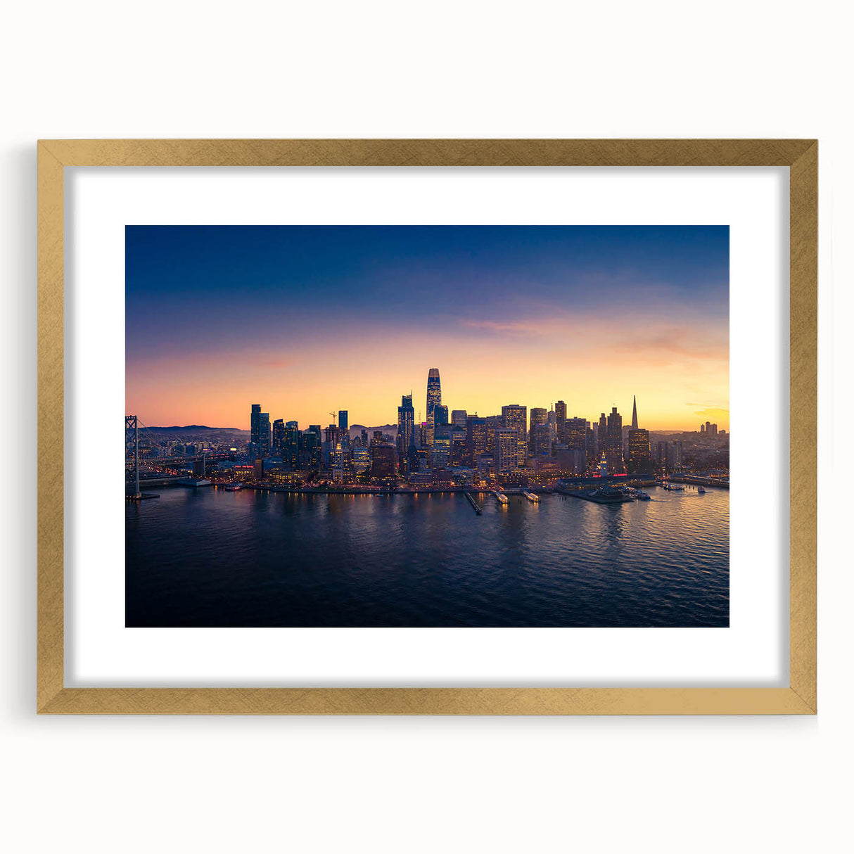 Extra large abstract art print of San Francisco skyline in muted gray and blue tones on a framed canvas.