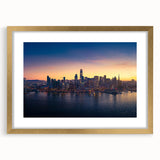 Extra large abstract art print of San Francisco skyline in muted gray and blue tones on a framed canvas.