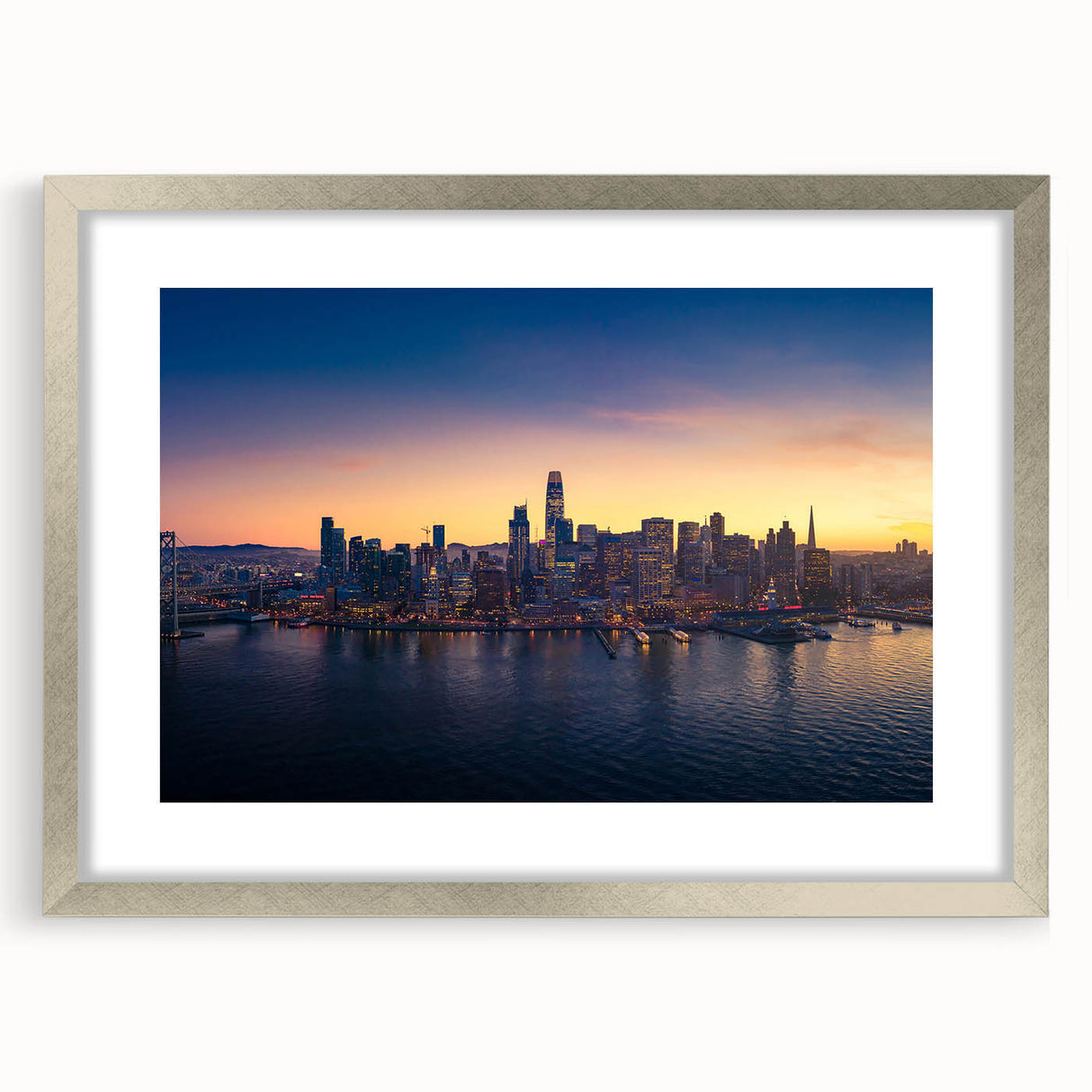 Textured abstract art print of San Francisco skyline in muted gray tones on a framed silver mat, ideal for bedroom art.