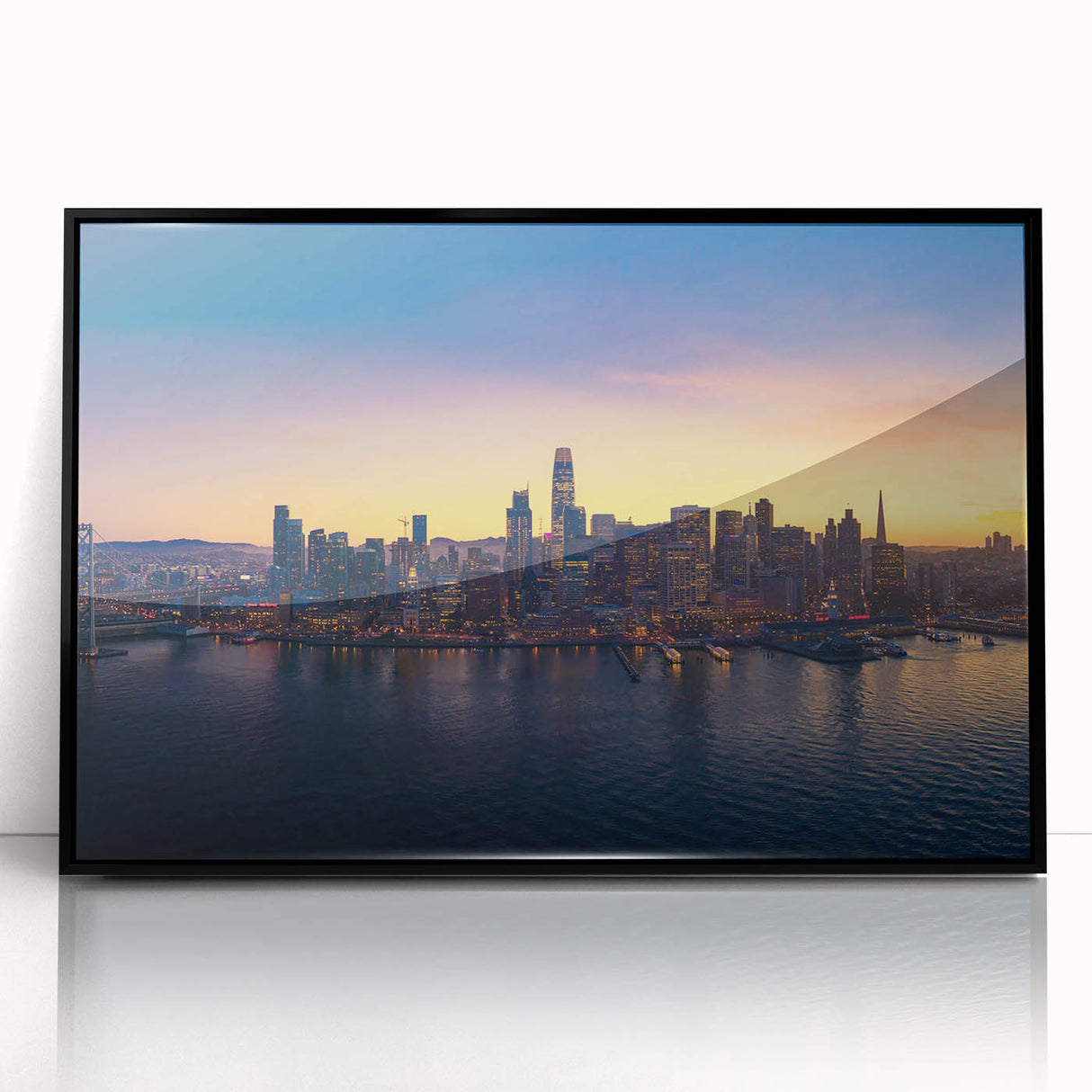 Large abstract wall art of San Francisco skyline in muted blue and gray tones on framed acrylic.