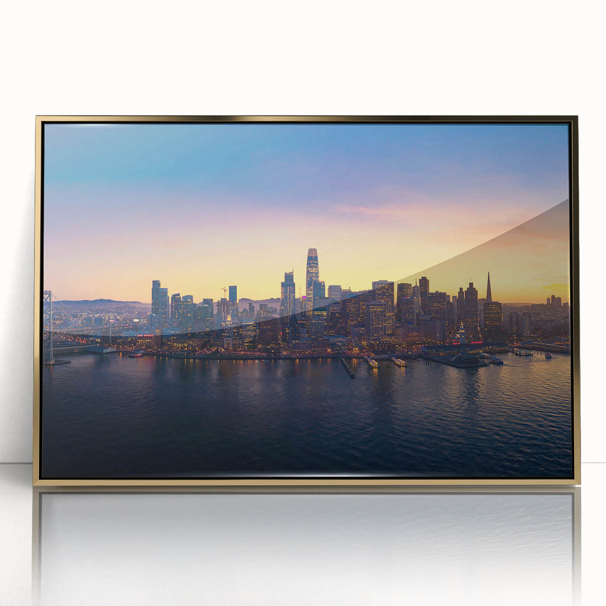 Acrylic print of San Francisco skyline in gold and blue hues, ideal for modern art wall decor.