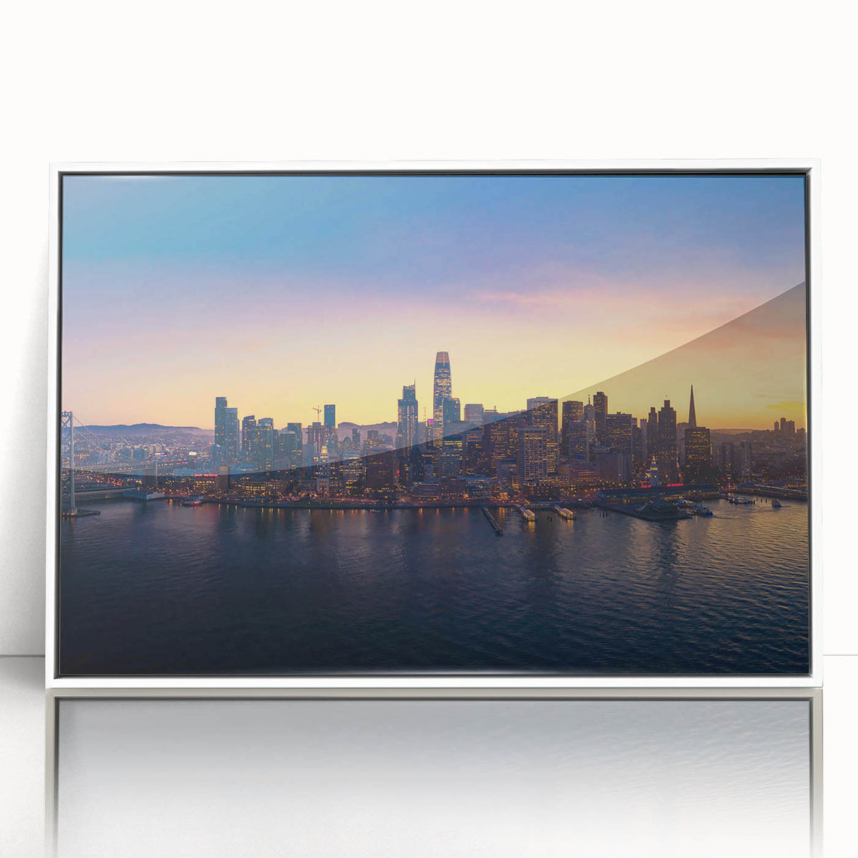 Art deco poster of San Francisco skyline in muted gray on white acrylic, framed, suitable for modern art wall decor.
