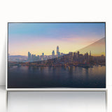 Art deco poster of San Francisco skyline in muted gray on white acrylic, framed, suitable for modern art wall decor.