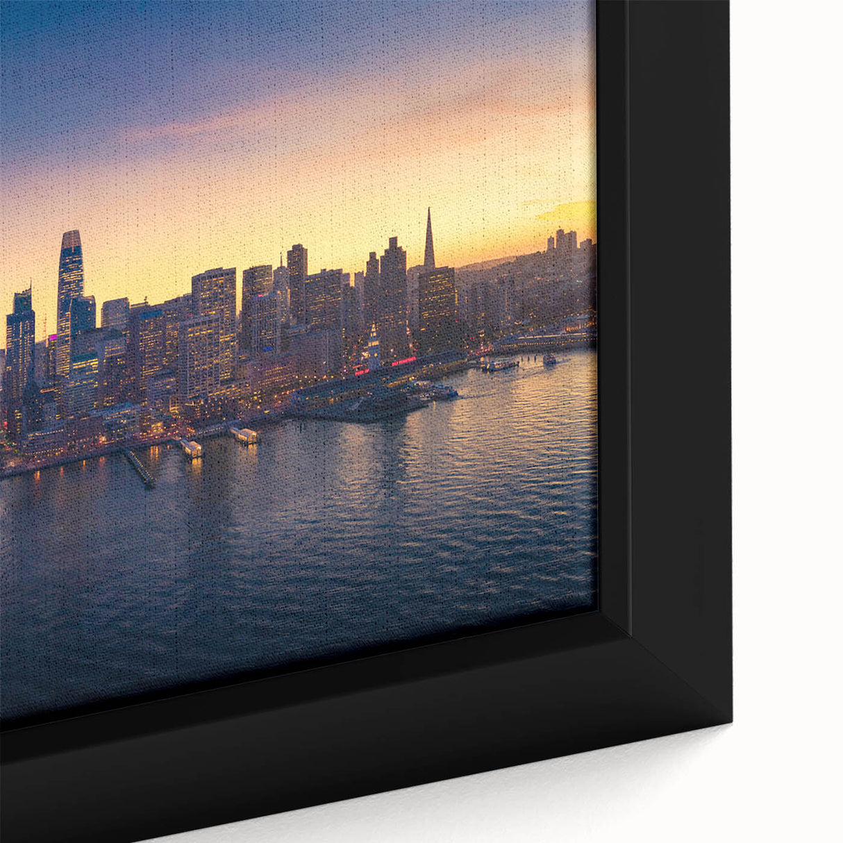 Extra large framed canvas featuring a textured portrayal of San Francisco's skyline in black with colorful accents.