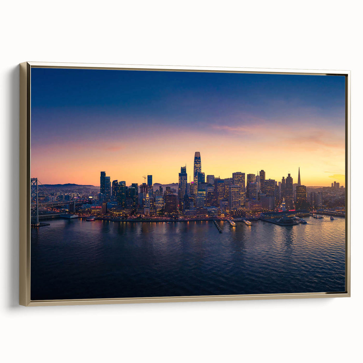 Framed canvas depicting a vintage-style San Francisco landscape with black and gold tones, ideal for bedroom wall art.