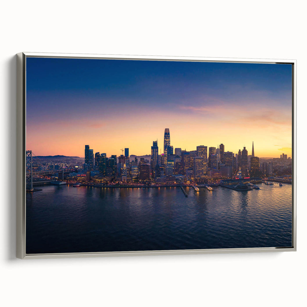 Landscape art painting of San Francisco on framed canvas.