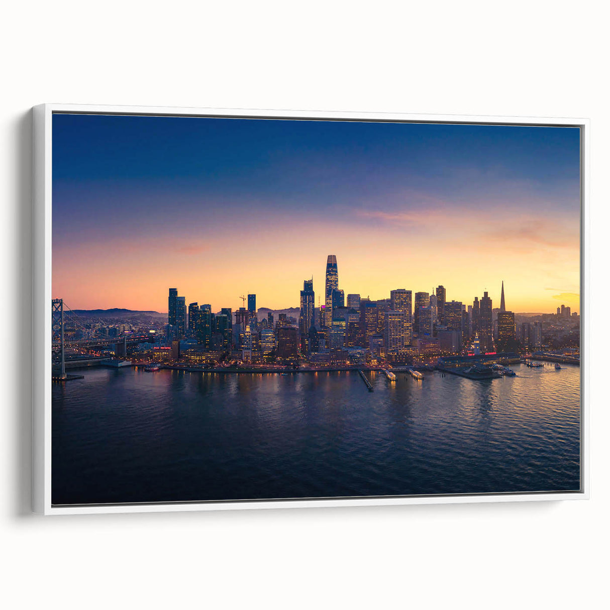Vintage poster art of San Francisco skyline in vibrant colors on a large framed canvas, ideal for living room decor.