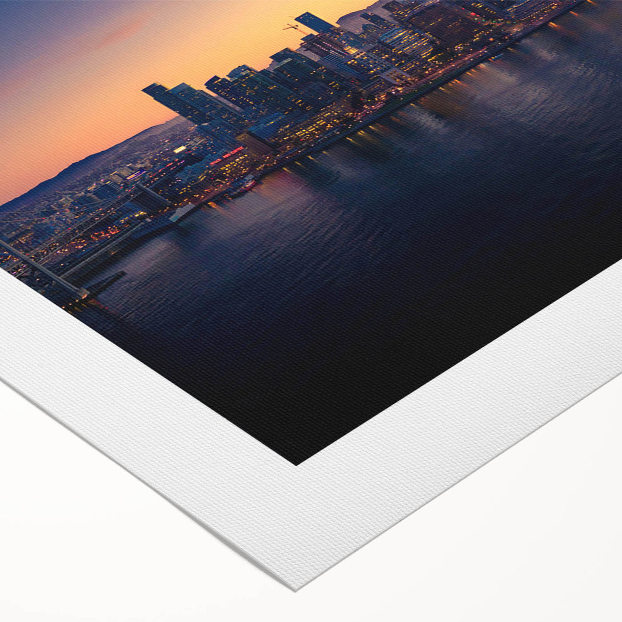 Art deco poster of San Francisco skyline in monochrome shades on rolled canvas, suitable for dining room decor.