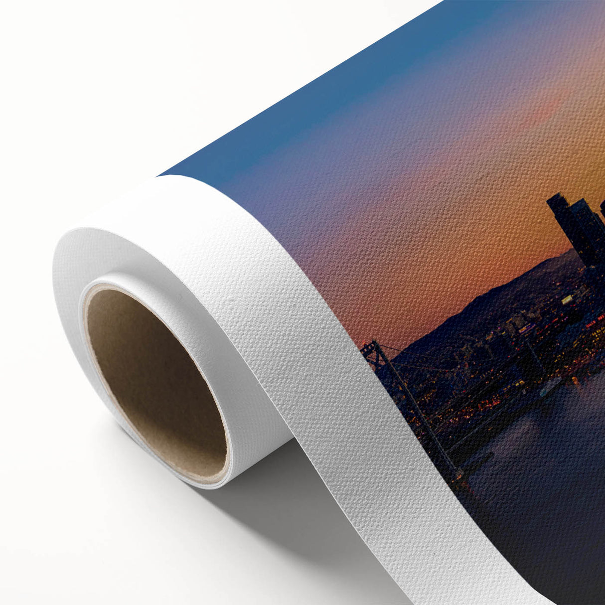 Art deco poster of San Francisco skyline in pastel shades on rolled canvas, ideal for nursery wall art.