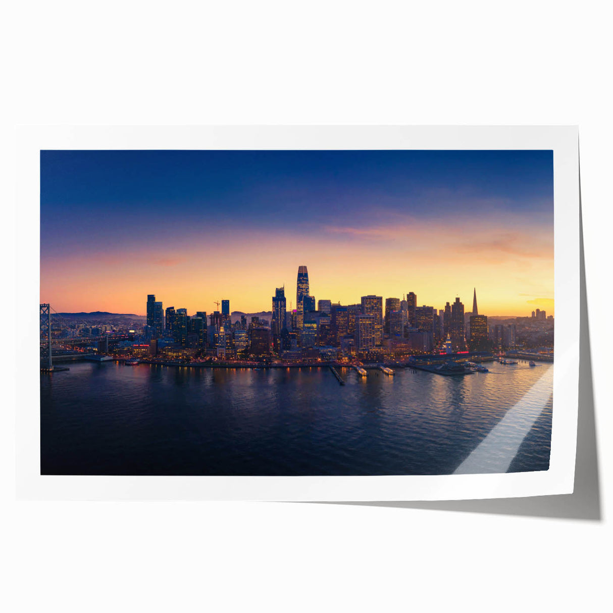 Rolled print of San Francisco landscape in muted blue and gray tones, suitable for dining room wall art.