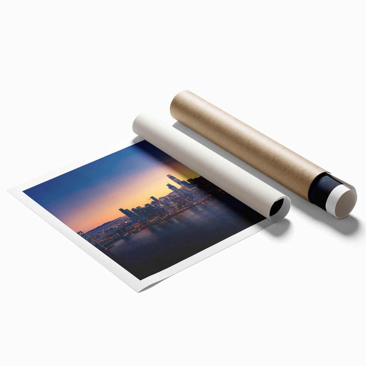 Rolled print of San Francisco scenery in soft pastel shades, ideal for classy bathroom wall art.