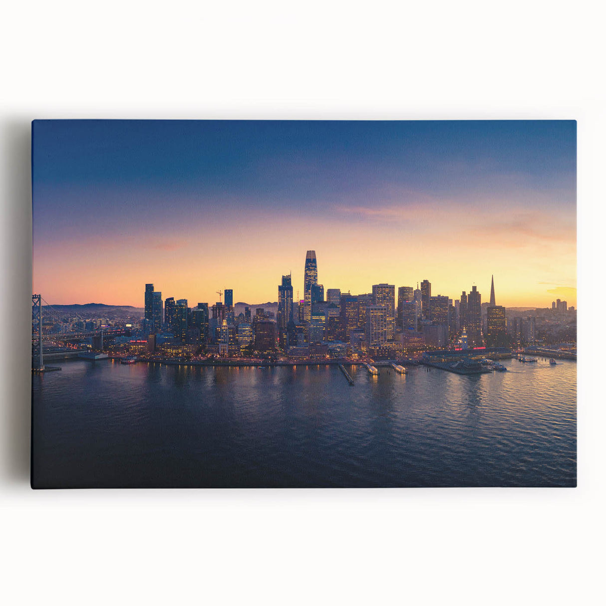 Black and white large art print of the San Francisco skyline on stretched canvas, suitable for kitchen wall art.