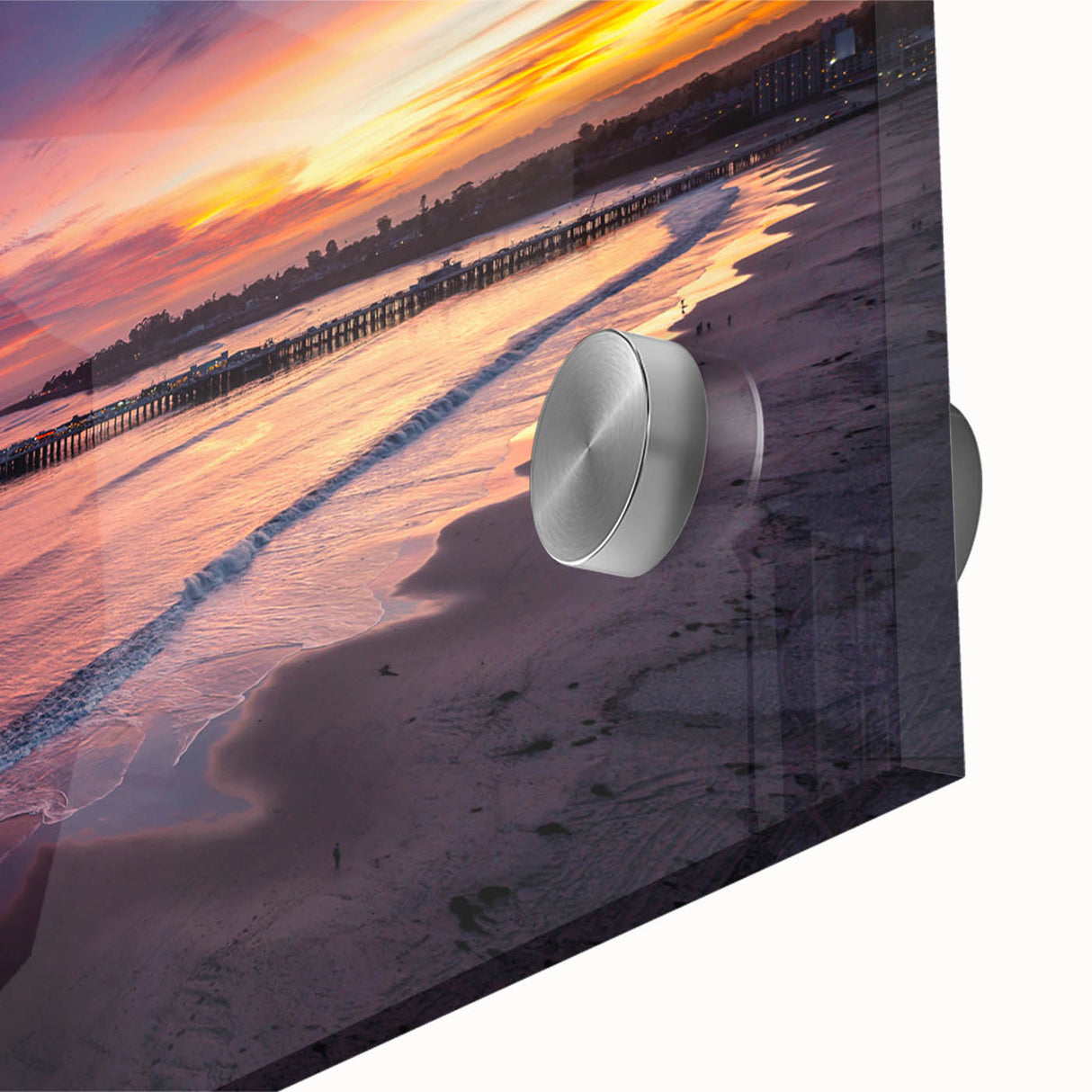 Large abstract wall art depicting Santa Cruz scenery in mid-century modernist style on acrylic glass.