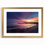 Extra large abstract art print depicting a textured Santa Cruz scene in muted earth tones, framed in gold.