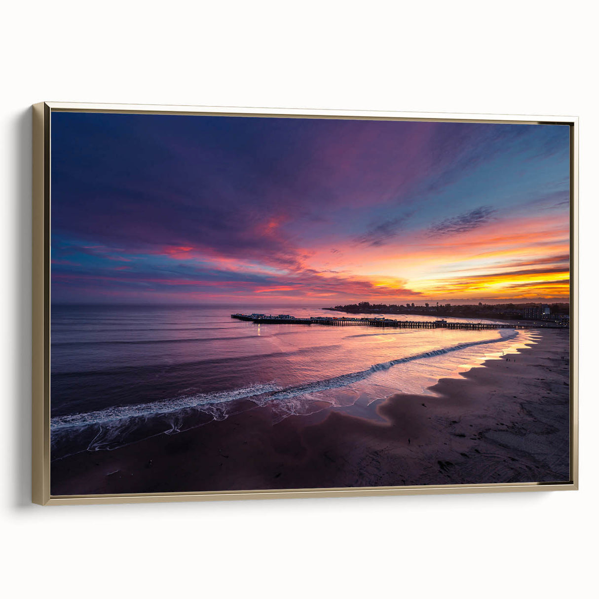 Framed canvas wall art featuring a vintage-style landscape painting of Santa Cruz with muted gold and black tones.
