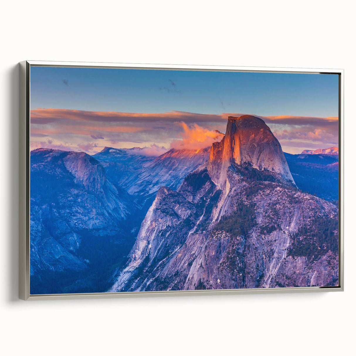 Framed canvas depicting Yosemite landscape in muted earth tones, ideal for living room or office decor.