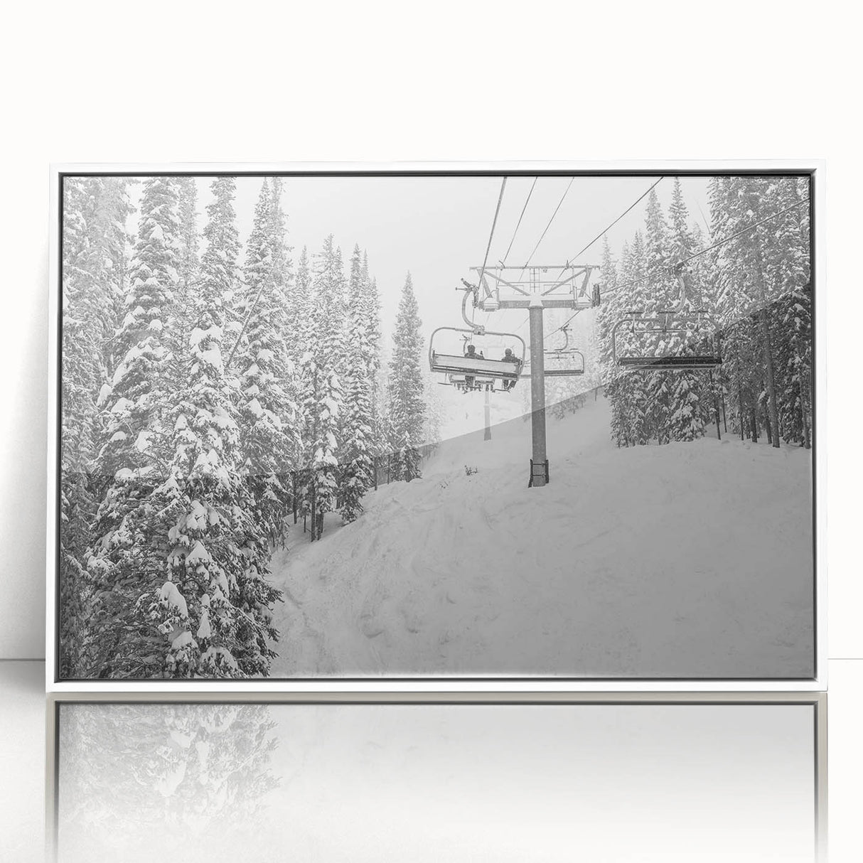 Acrylic print of Vail, Colorado scenery in muted winter colors, framed in white, suitable for modern nursery decor.