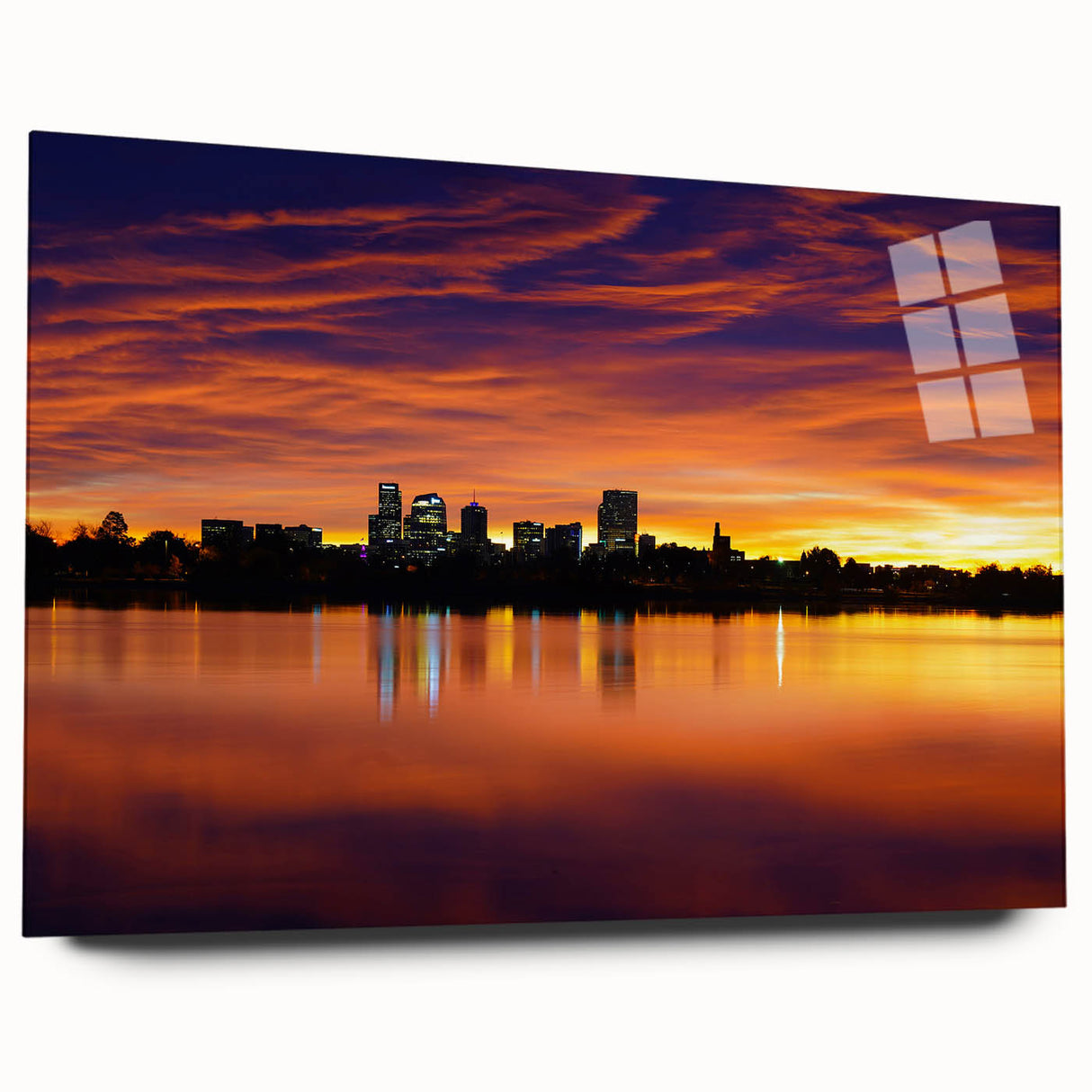 Acrylic print of Denver skyline in muted gray and blue tones, suitable for bedroom or dining room decor.