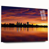 Acrylic print of Denver skyline in muted gray and blue tones, suitable for bedroom or dining room decor.