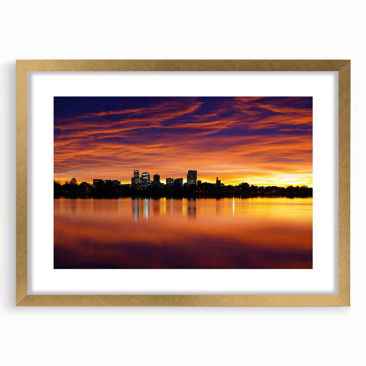 Extra large abstract art print of Denver skyline in textured style with a gold frame, ideal for living room decor.