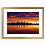 Extra large abstract art print of Denver skyline in textured style with a gold frame, ideal for living room decor.
