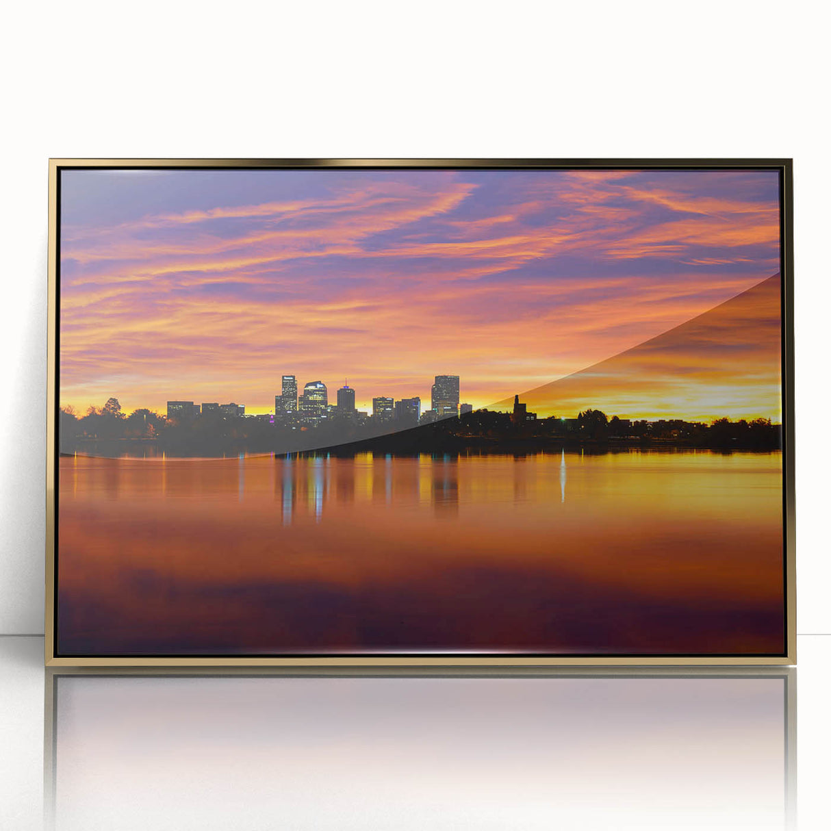 Framed acrylic print of Denver scenery in muted gold tones, ideal for modern art wall decor.