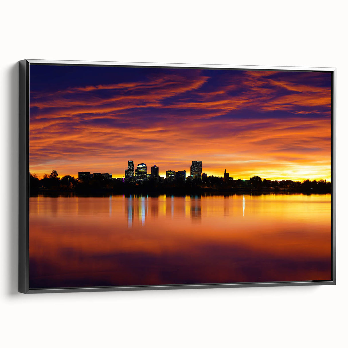 Black and white framed canvas of Denver landscape, ideal for bedroom wall art.