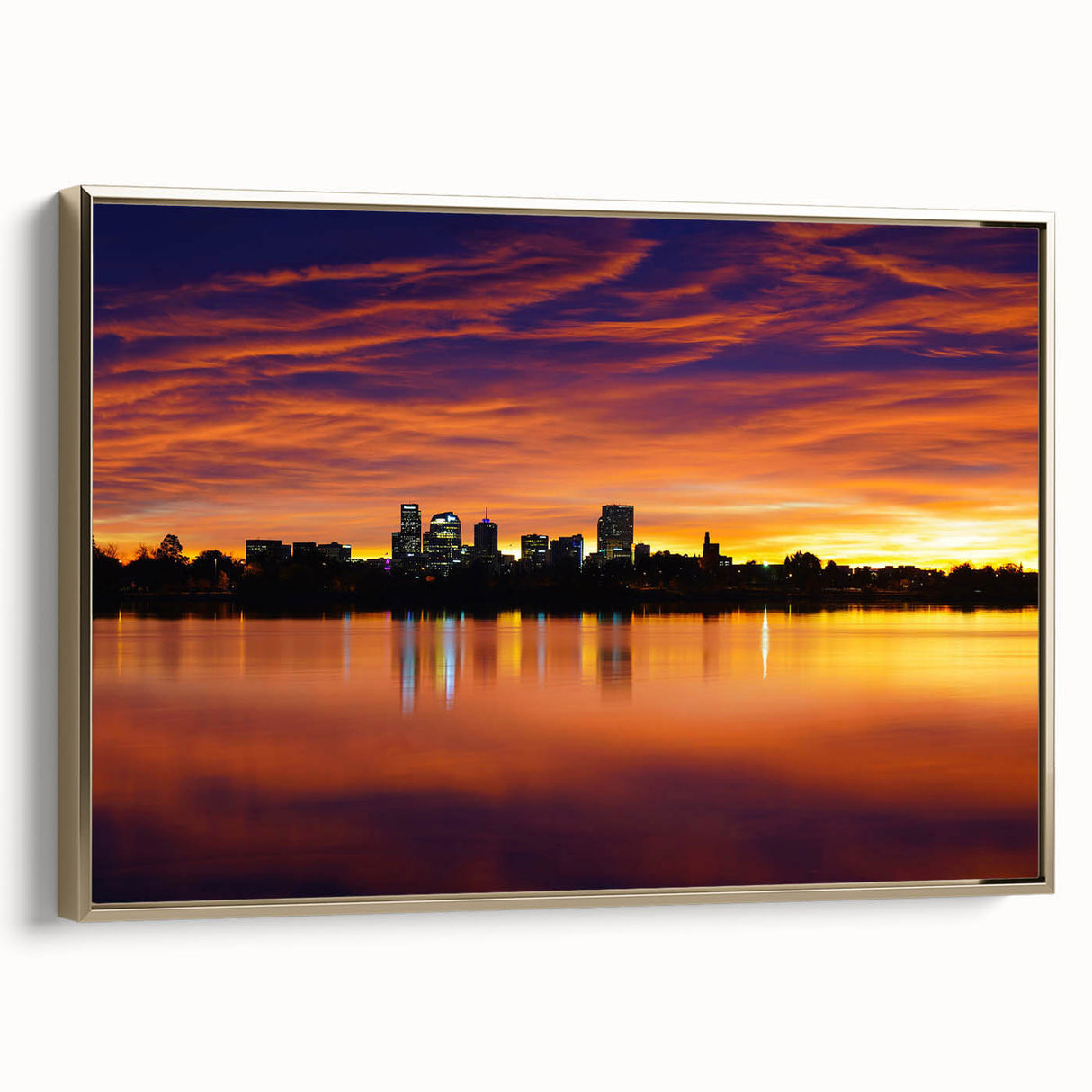 Framed canvas depicting a vintage-style Denver landscape in muted gold and black tones, ideal for bedroom decor.