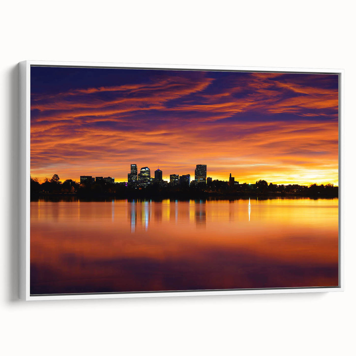 Vintage poster art of Denver skyline in colorful hues on extra large framed canvas, ideal for living room decor.