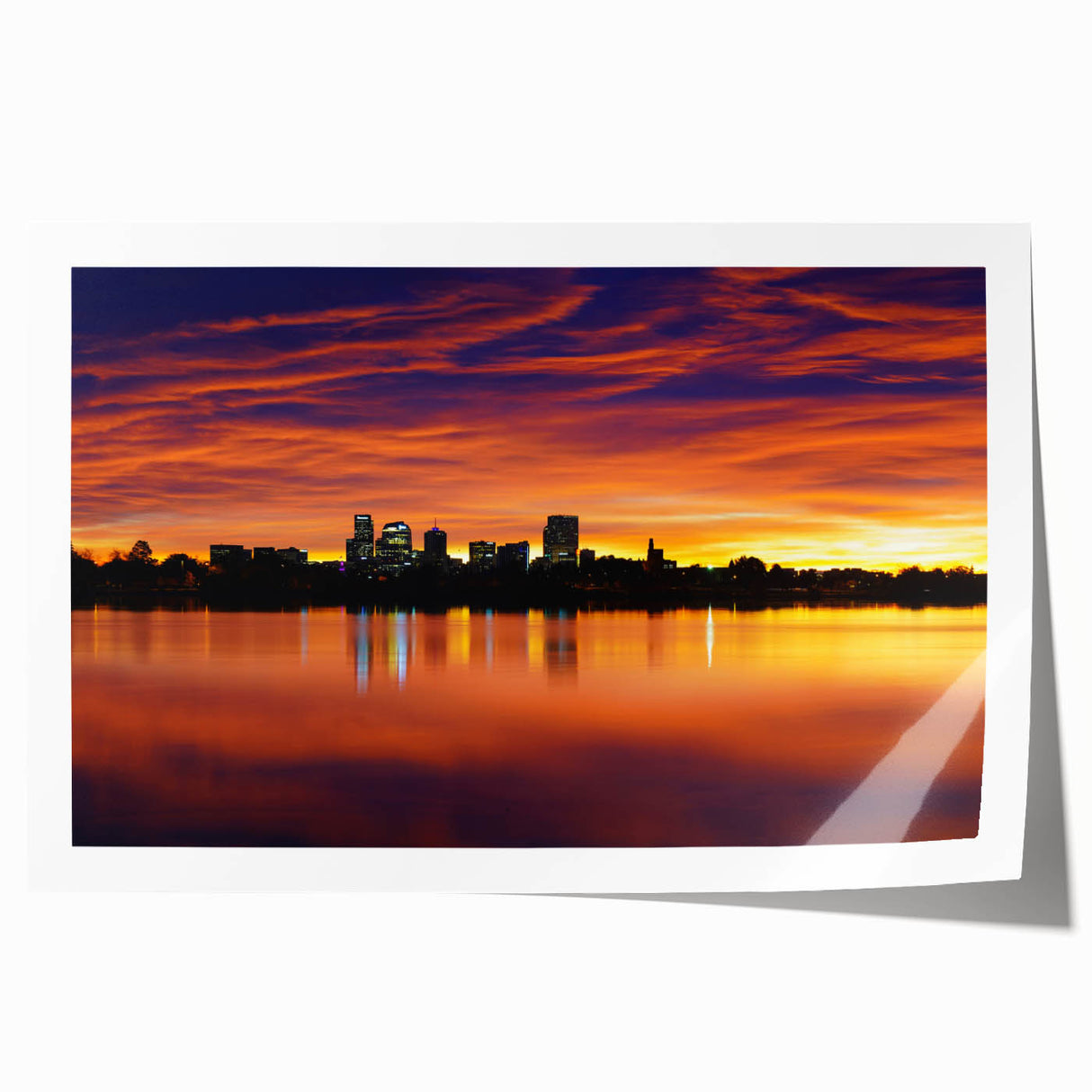 Rolled print of Denver skyline in muted earth tones, suitable as extra large wall art for dining rooms.