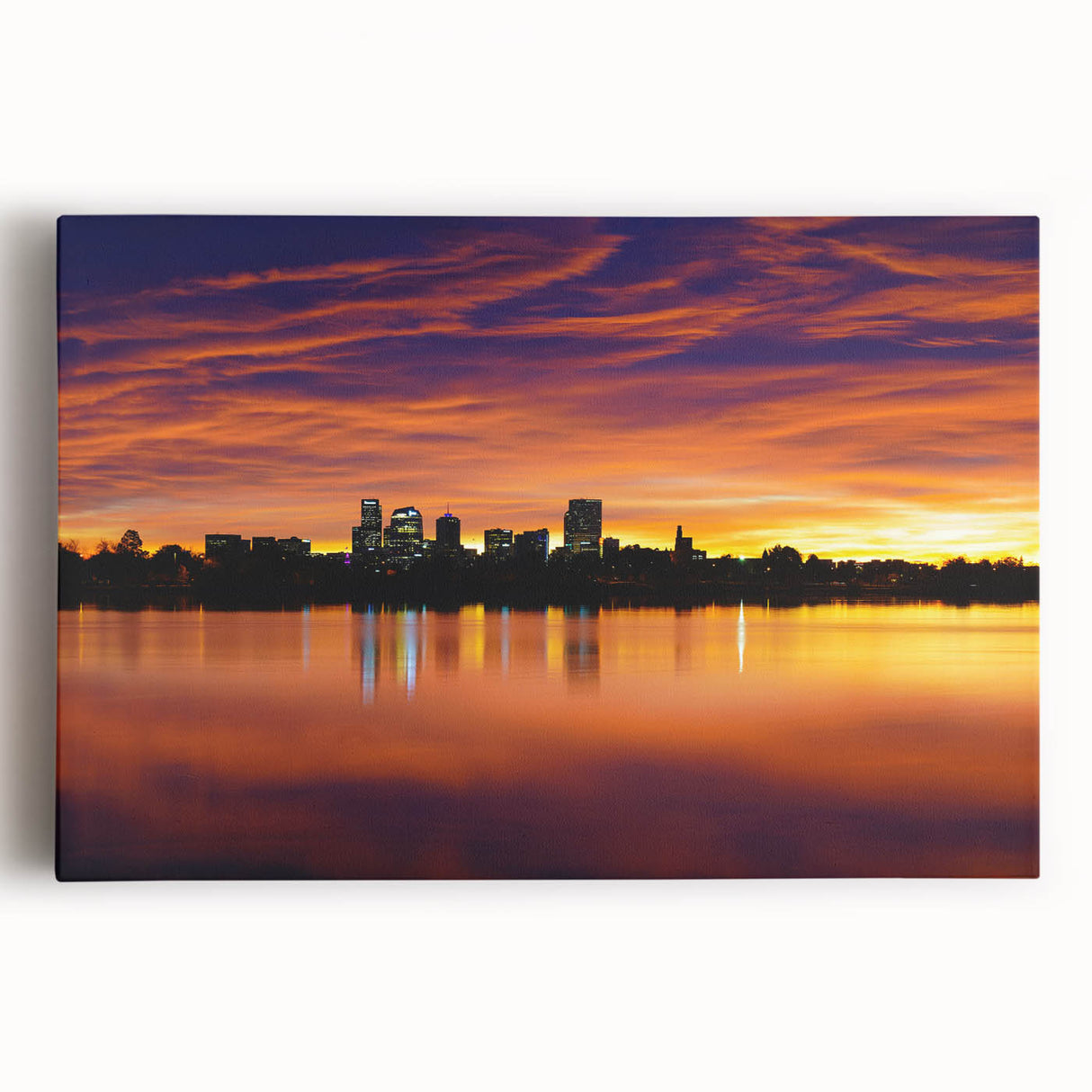 Black and white photo of Denver skyline on large stretched canvas, suitable for kitchen wall art.
