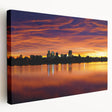 Denver skyline depicted in muted earth tones on a large stretched canvas, suitable for kitchen wall art.