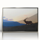 Mid-century modernist art depicting the Rocky Mountains in muted earth tones on a framed acrylic print.