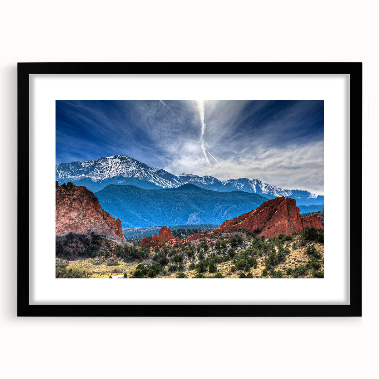 Abstract art print of Colorado Springs in vibrant colors on a textured, extra large canvas, suitable for living room decor.