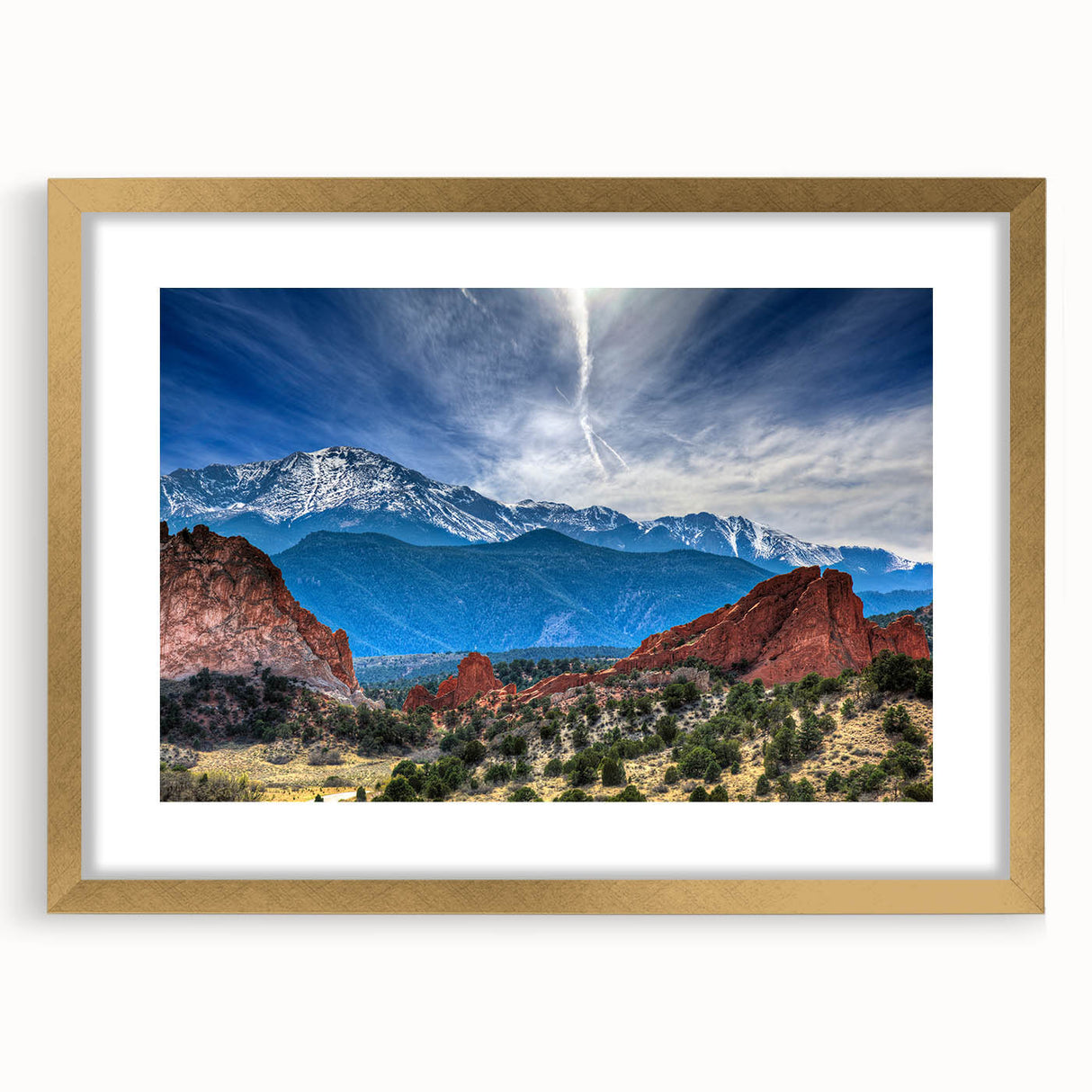 Extra large abstract art print of Colorado Springs, featuring textured layers in earthy tones on a gold-framed canvas.