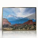 Framed acrylic print of Colorado Springs with muted earth tones, ideal for modern art wall decor.