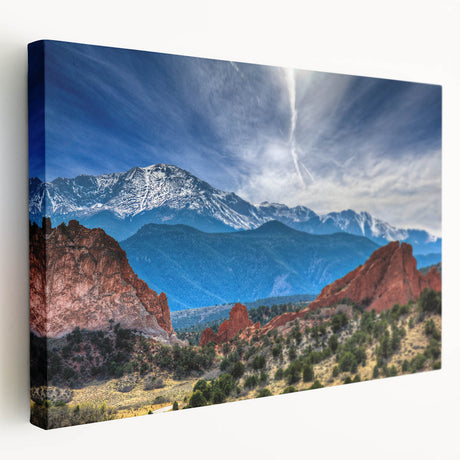 Stretched canvas art of Colorado Springs scenery in natural hues, ideal for kitchen wall decor.