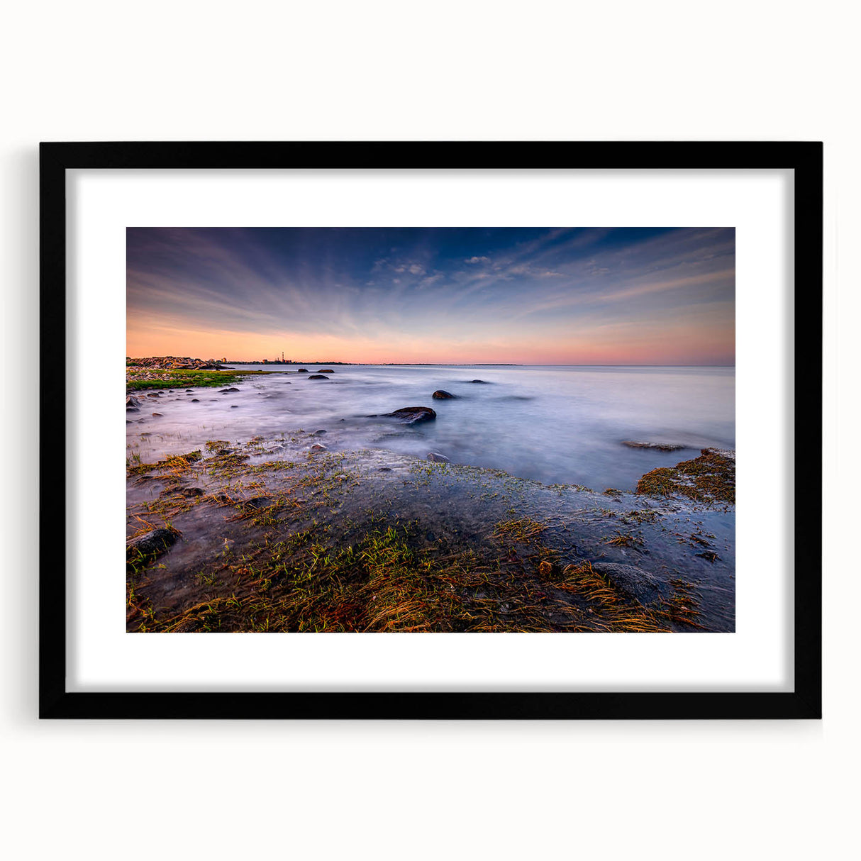 Extra large abstract art print featuring a vibrant, colorful Connecticut scenery on a textured canvas, framed in black.