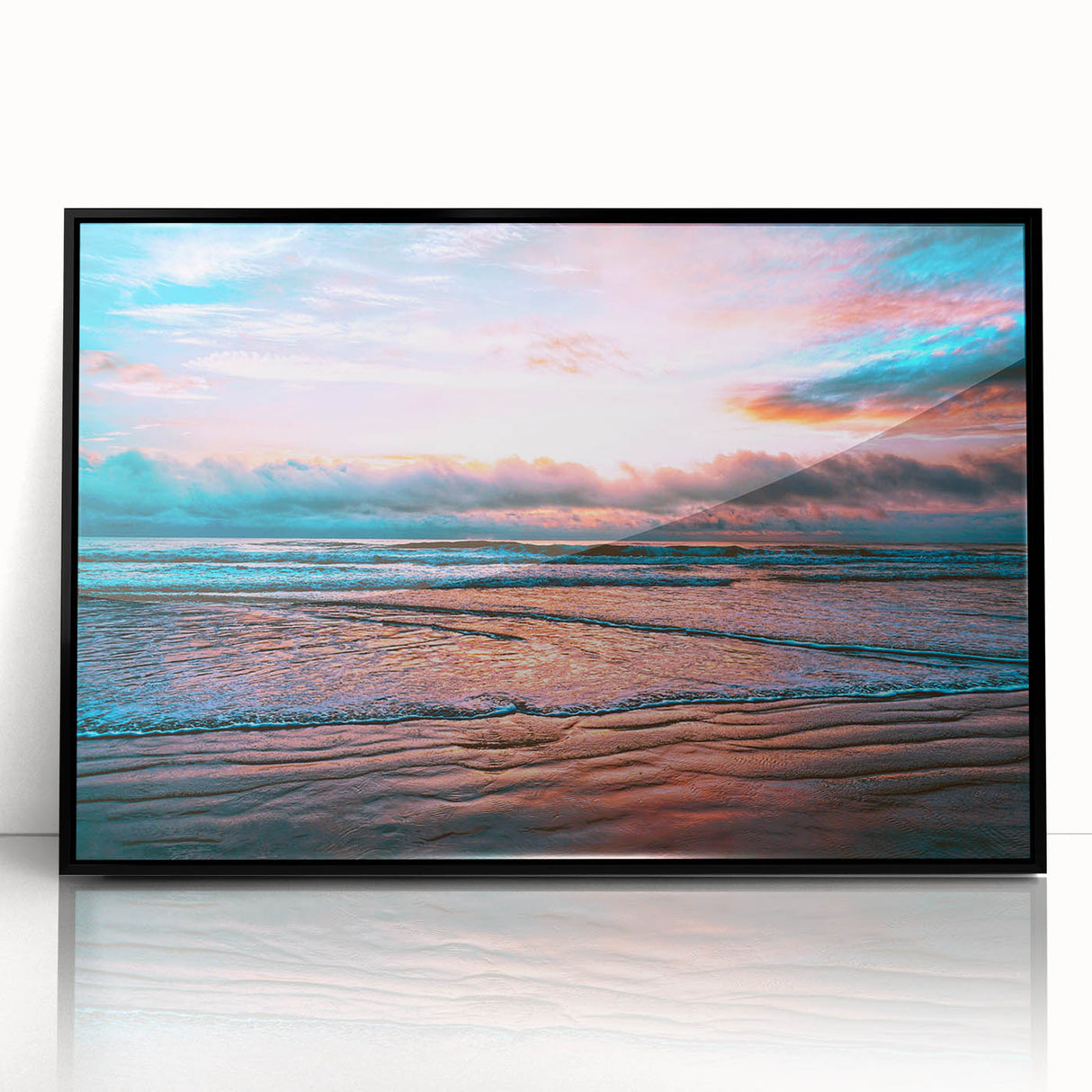 Large abstract wall art depicting Daytona scenery in muted blue and gray tones, framed in black acrylic.