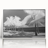 Art deco style poster of Florida Keys scenery in muted blue and green tones, framed acrylic, ideal for modern art wall decor.