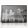 Large abstract wall art depicting a vibrant Miami skyline on black framed acrylic, ideal for modern living room decor.