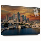 Acrylic print of Tampa skyline with vivid blue and pink sunset hues, ideal for dining room decor.