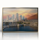 Mid-century modernist style large art print of Tampa skyline in gold and blue tones on framed acrylic.