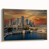 Framed canvas wall art featuring a vintage-style landscape of Tampa, using black and gold tones, suitable for bedroom decor.
