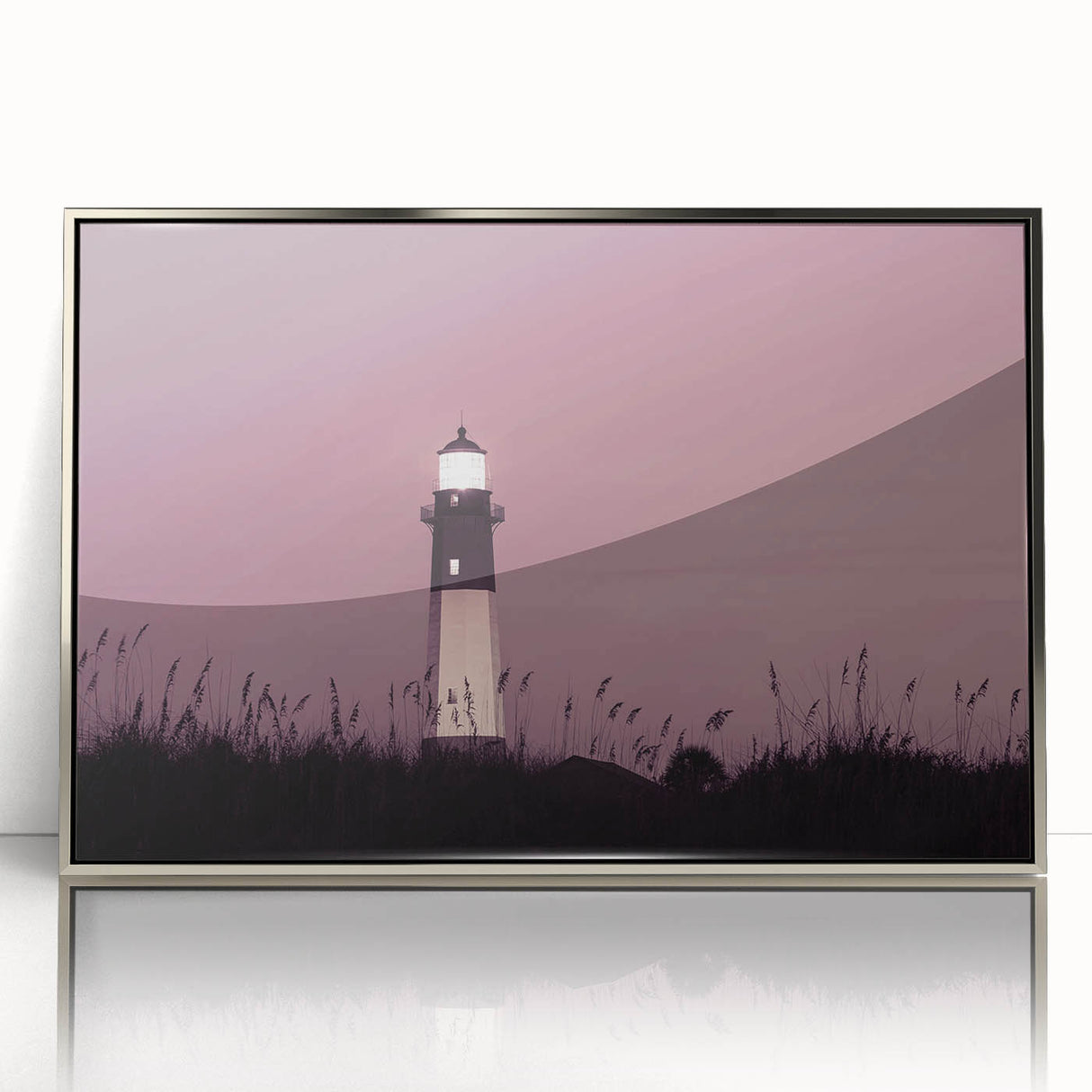 Mid-century modernist art depicting Savannah, Georgia in muted earth tones on a silver-framed acrylic print.