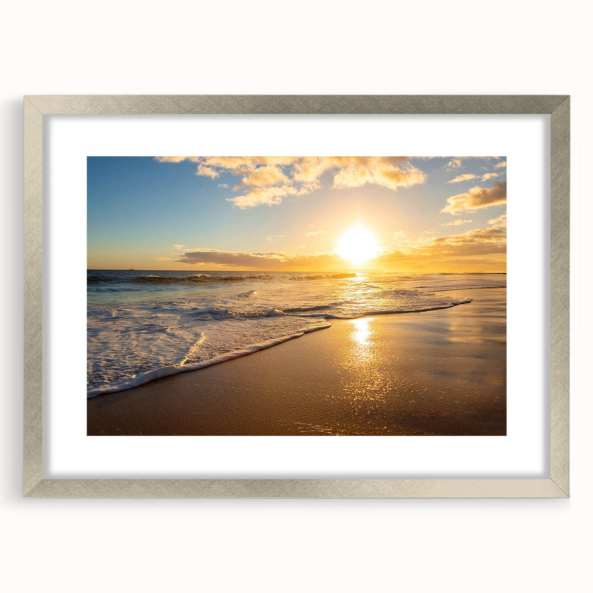Textured abstract art print of Kauai, Hawaii, in muted earth tones on a silver-framed mat, suitable for bedroom decor.