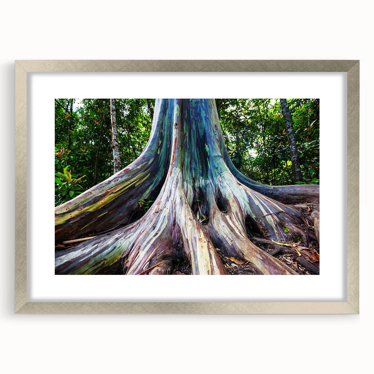 Textured abstract art print of Maui scenery in muted green and blue tones on a framed silver mat, ideal for bedroom art.