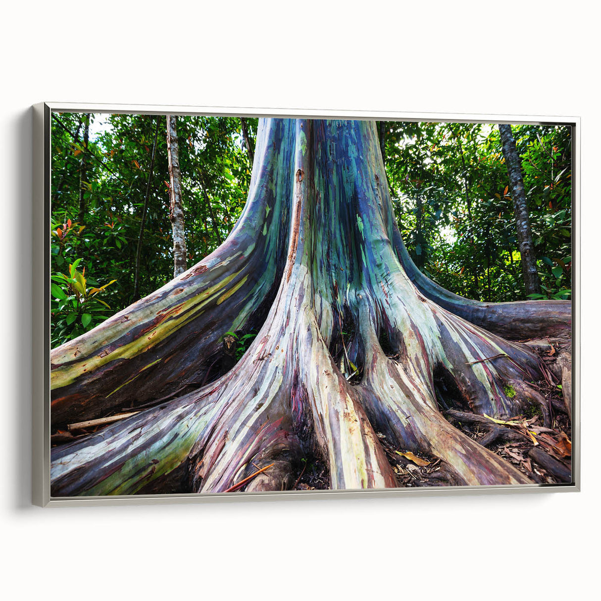 Framed canvas depicting a vintage-style landscape of Maui with vibrant colors on a black background.