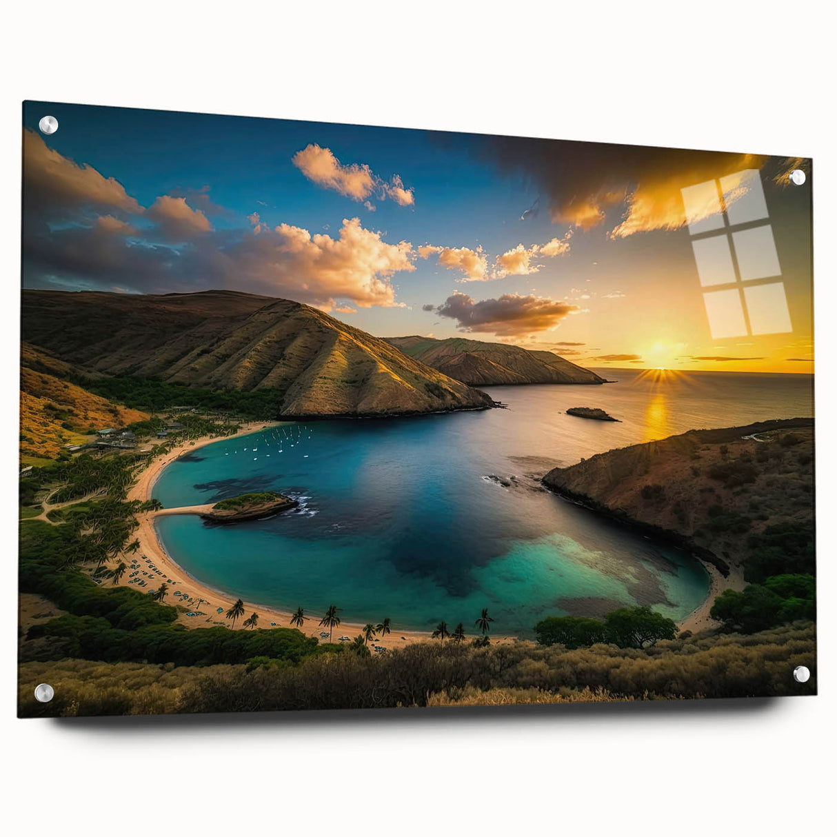 Acrylic print of a detailed Hawaiian Oahu landscape in muted green and blue tones, ideal for dining room decor.