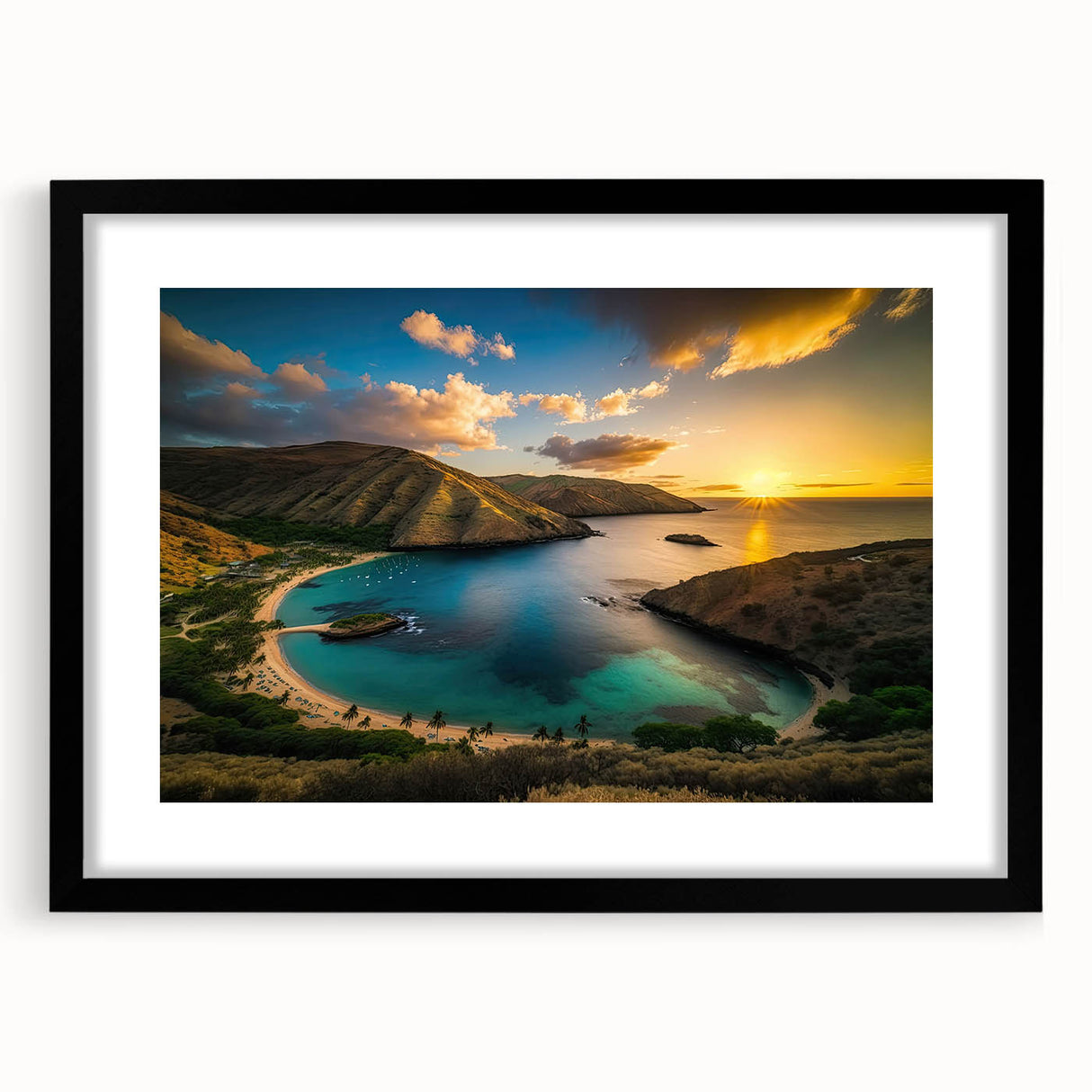 Abstract art print of Oahu's scenery in vibrant colors on a textured, extra large canvas, framed in black.